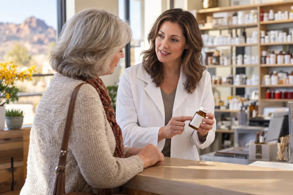 Pharmacist speaking with an adult patient in a welcoming pharmacy