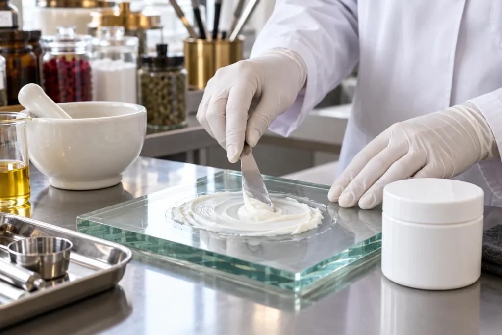Gloved pharmacist preparing a topical compounded formulation