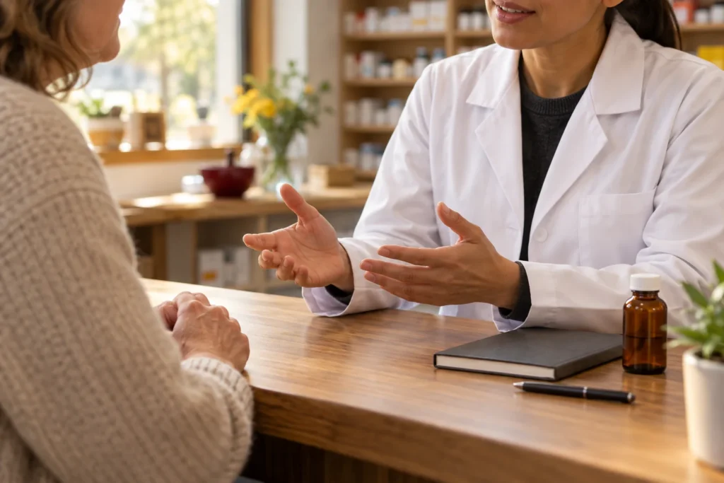 Pharmacist answering an adult patient question at a consultation desk