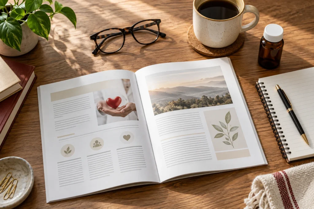 Health education materials arranged on a reading desk