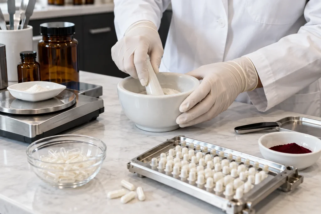 Gloved pharmacist preparing a customized prescription formulation