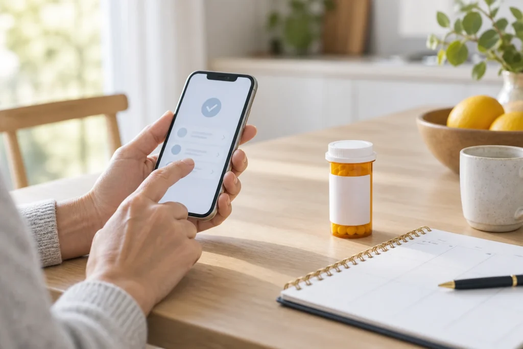 Phone and prescription container prepared for a refill request