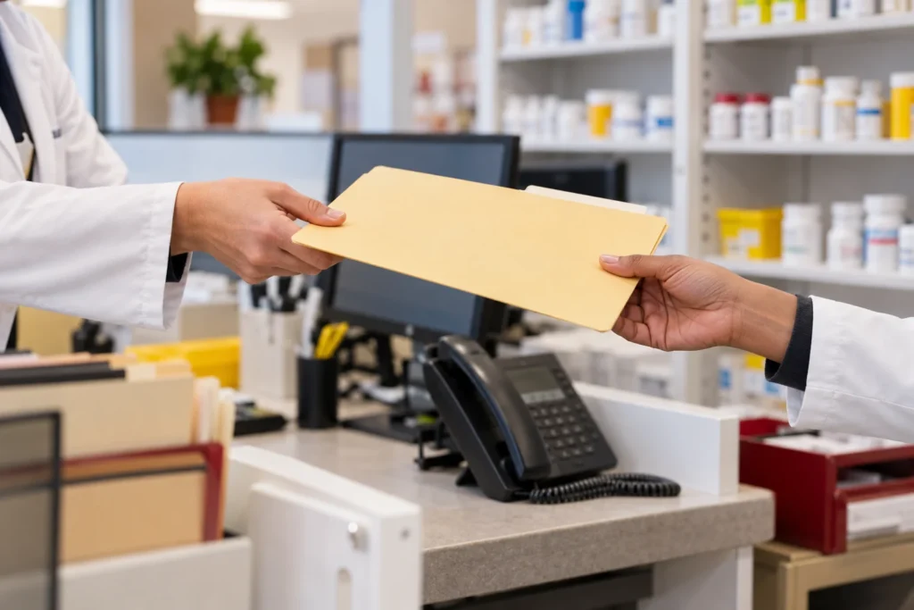 Pharmacy professionals coordinating a prescription transfer