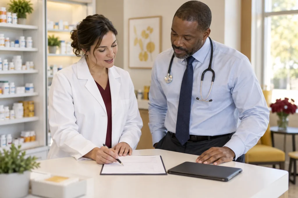 Pharmacist and healthcare provider reviewing a formulation together
