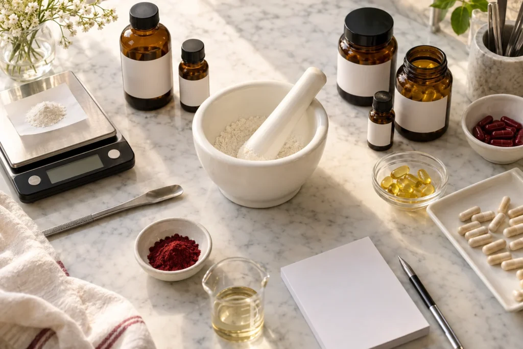 Compounding tools and pharmacy containers arranged on a clean work surface
