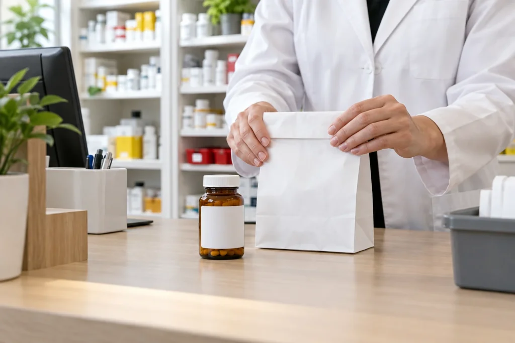 Pharmacy professional preparing a prescription for pickup